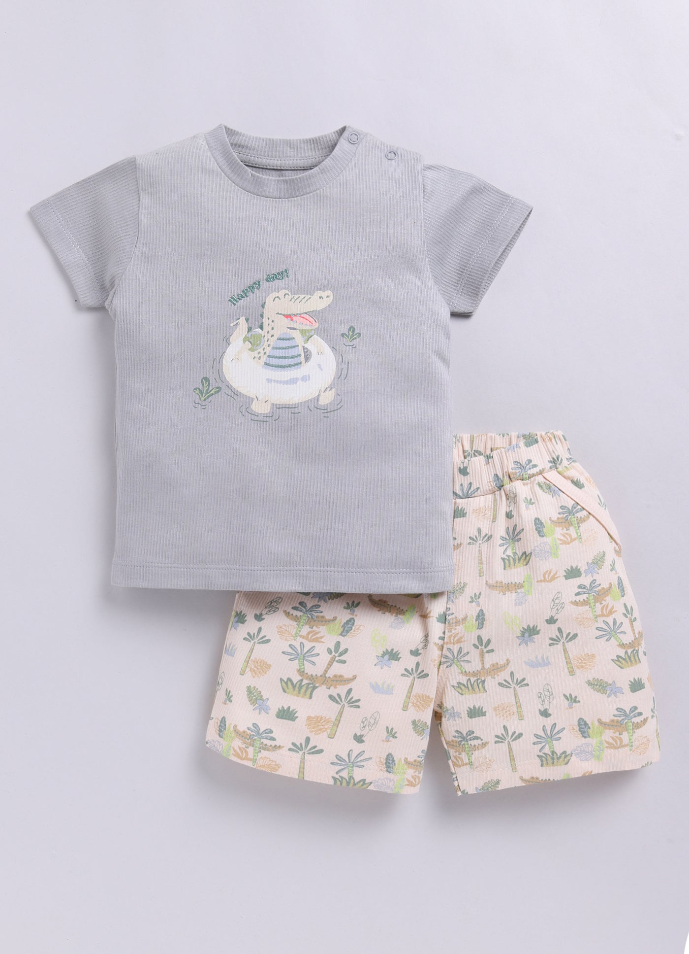 Baby Boy Happy Crocodile Printed Half T Shirt & Short Playdate Outfit-Beige