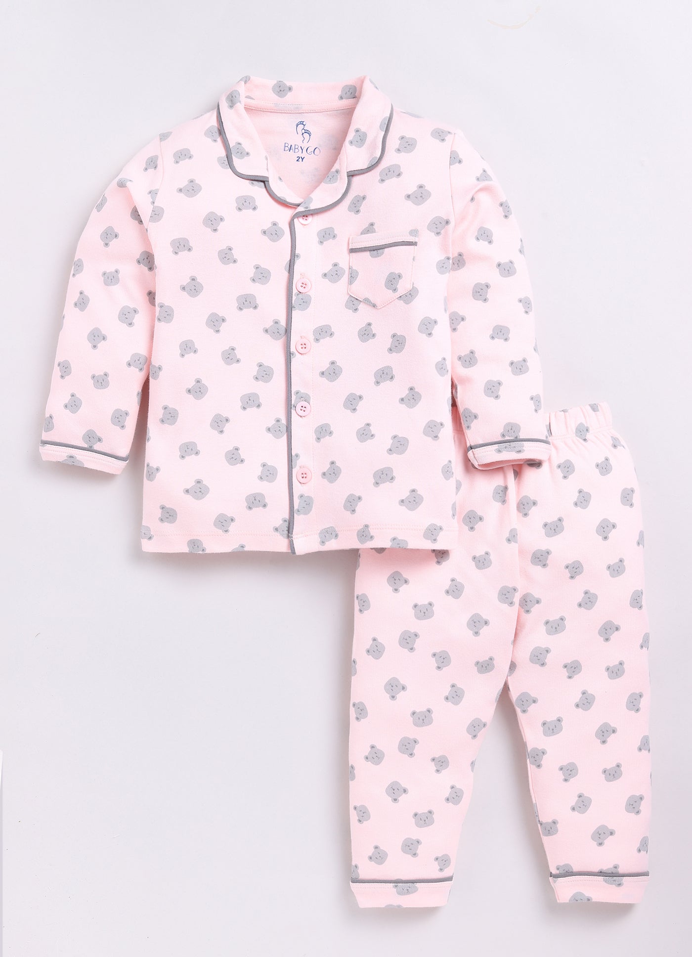 Bear Printed Baby Girl Night Suit-Peach