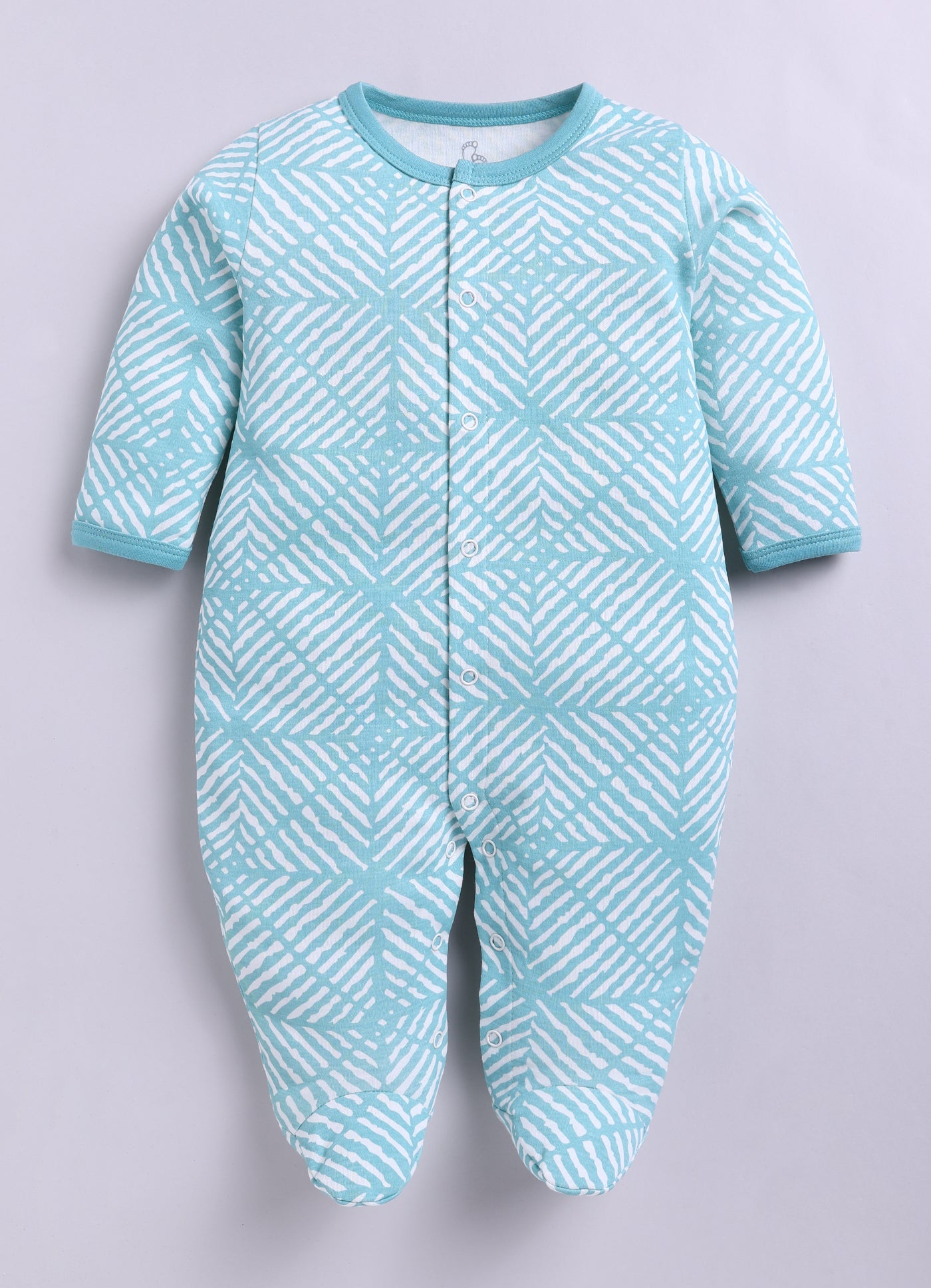 Baby Boy Full Sleeves Footed Romper– Geometric Stripe Print in Aqua Blue with Snap Button Closure