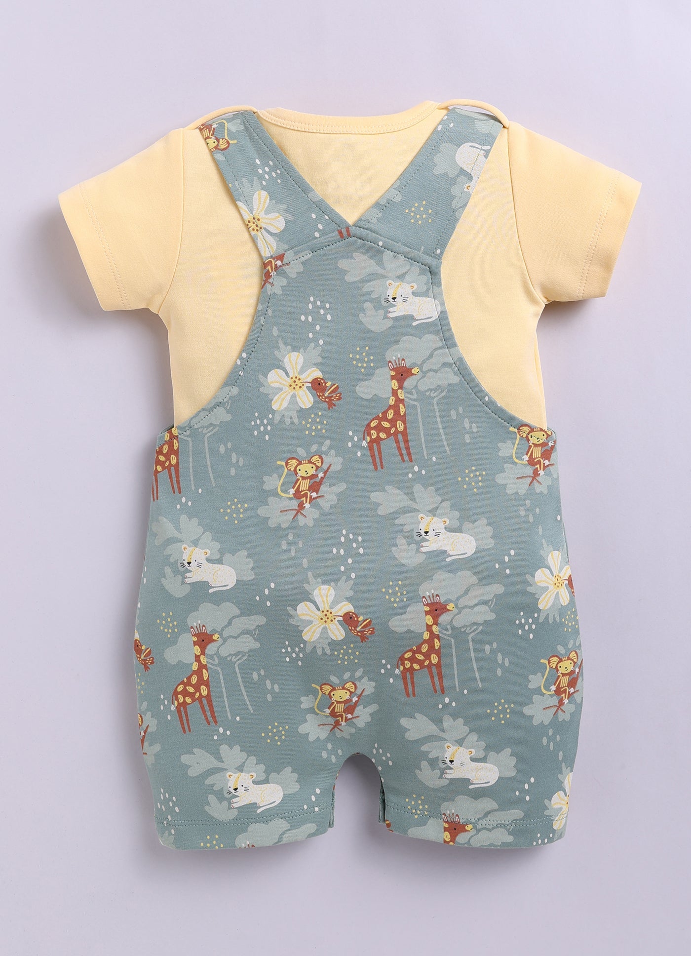 Baby Girls Jungle Safari Dungaree Set – Teal Animal Print with Yellow Tee