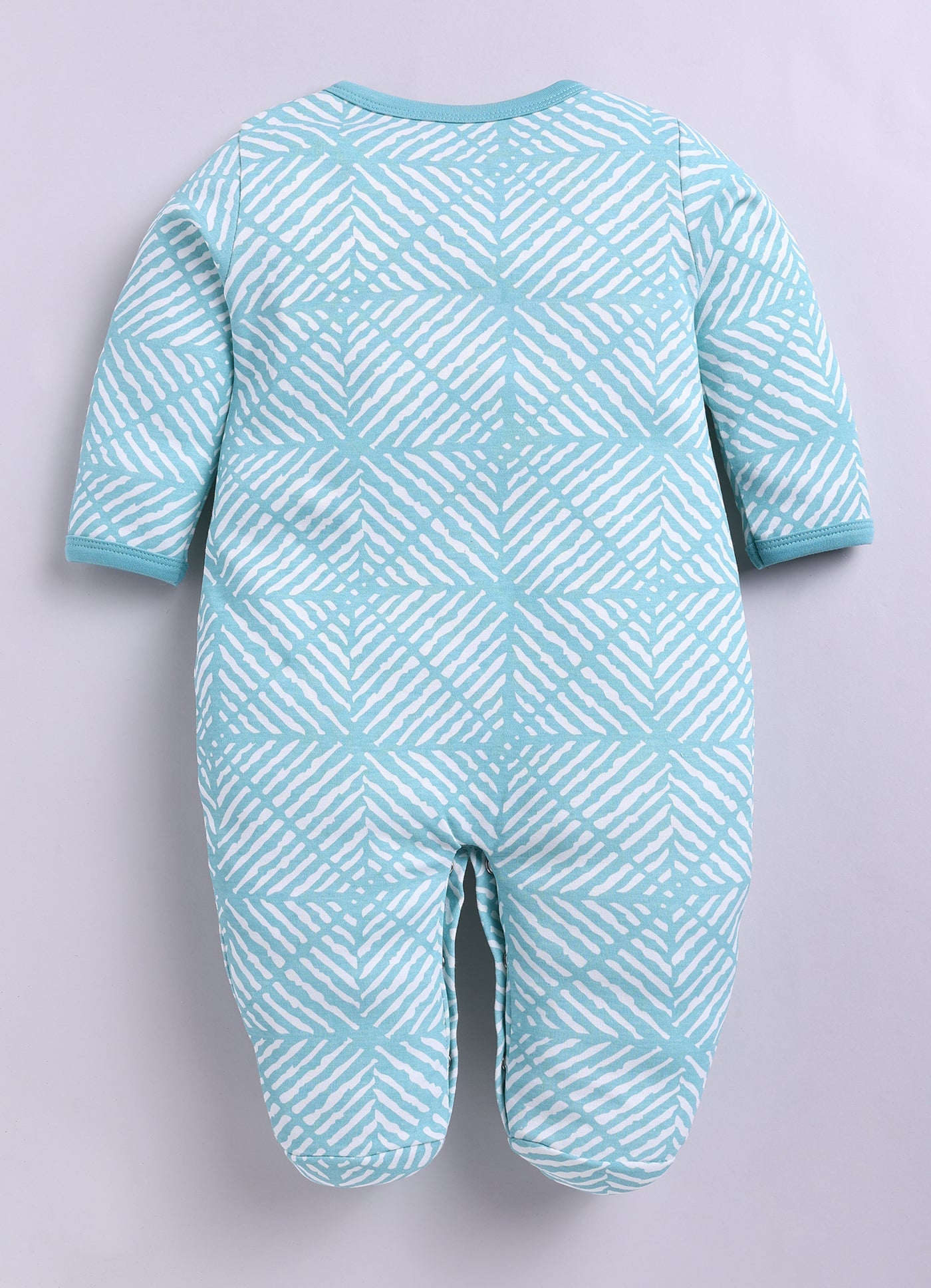 Baby Boy Full Sleeves Footed Romper– Geometric Stripe Print in Aqua Blue with Snap Button Closure
