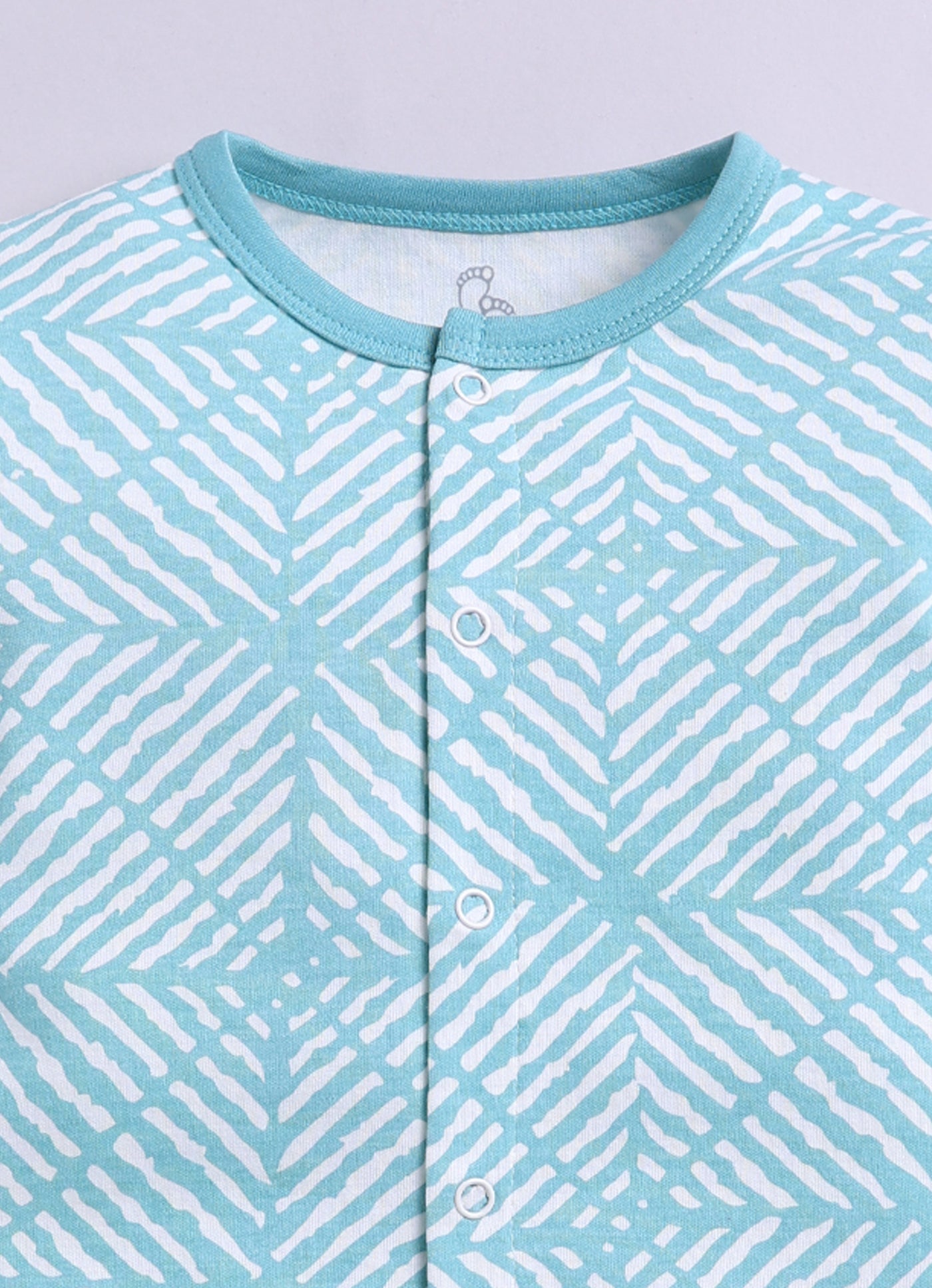Baby Boy Full Sleeves Footed Romper– Geometric Stripe Print in Aqua Blue with Snap Button Closure