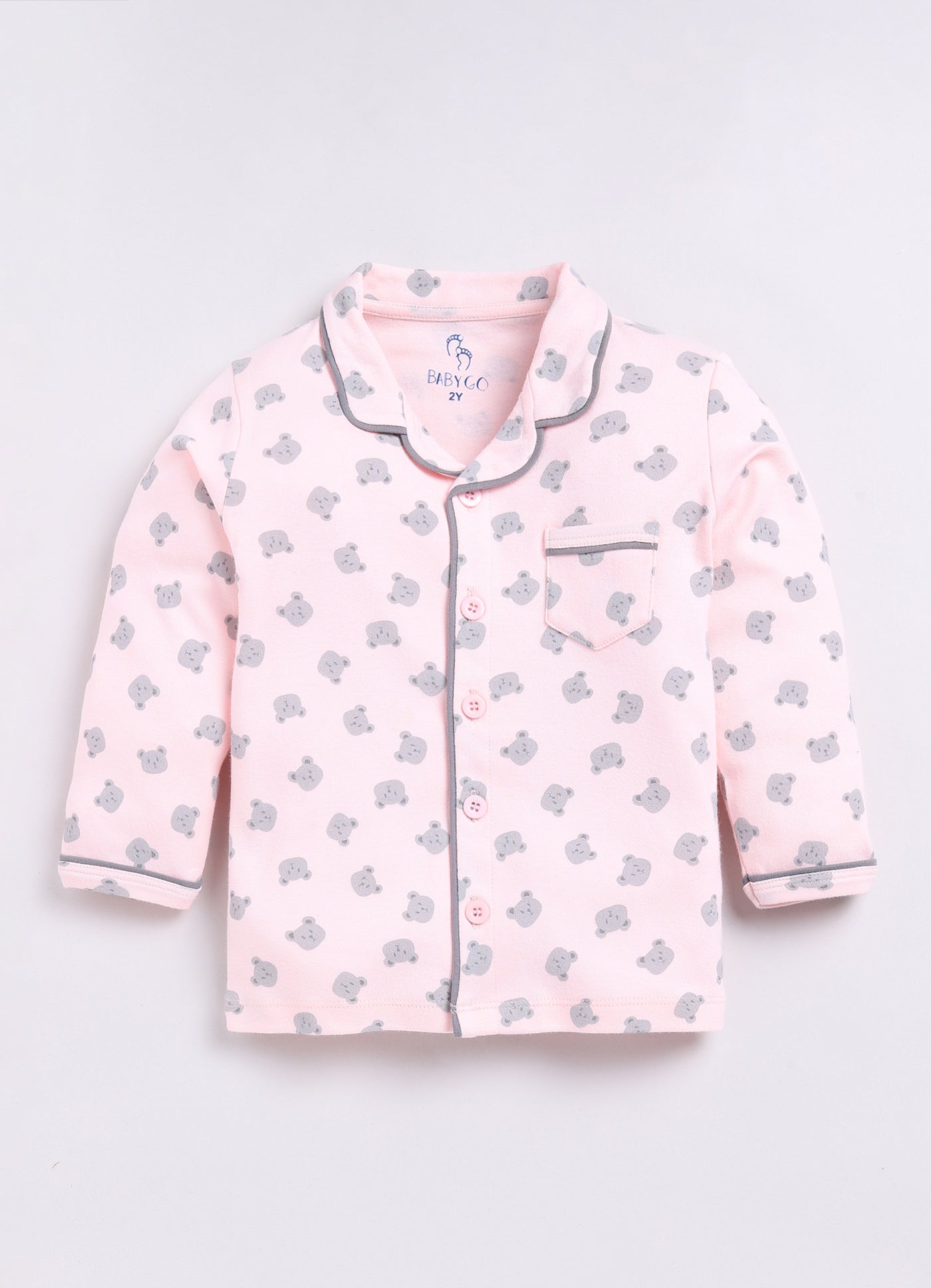 Bear Printed Baby Girl Night Suit-Peach