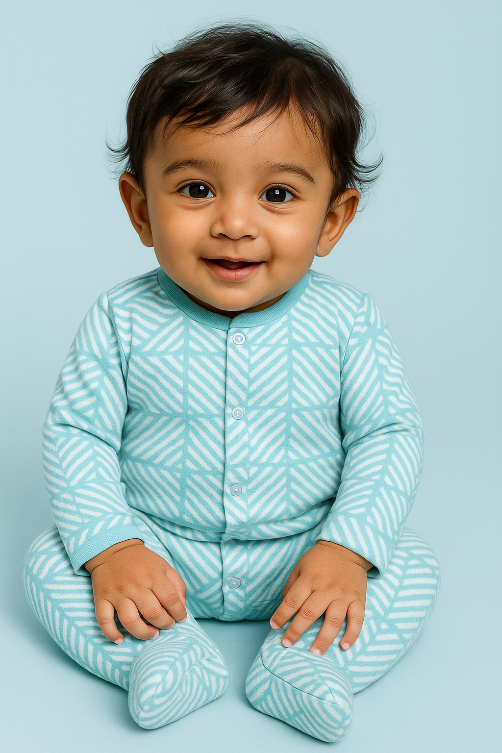 Baby Boy Full Sleeves Footed Romper– Geometric Stripe Print in Aqua Blue with Snap Button Closure