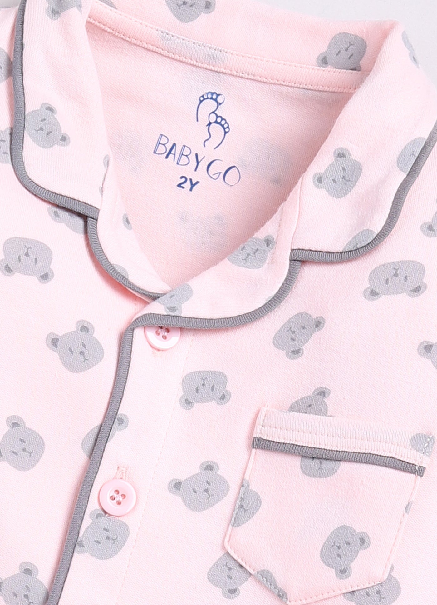 Bear Printed Baby Girl Night Suit-Peach