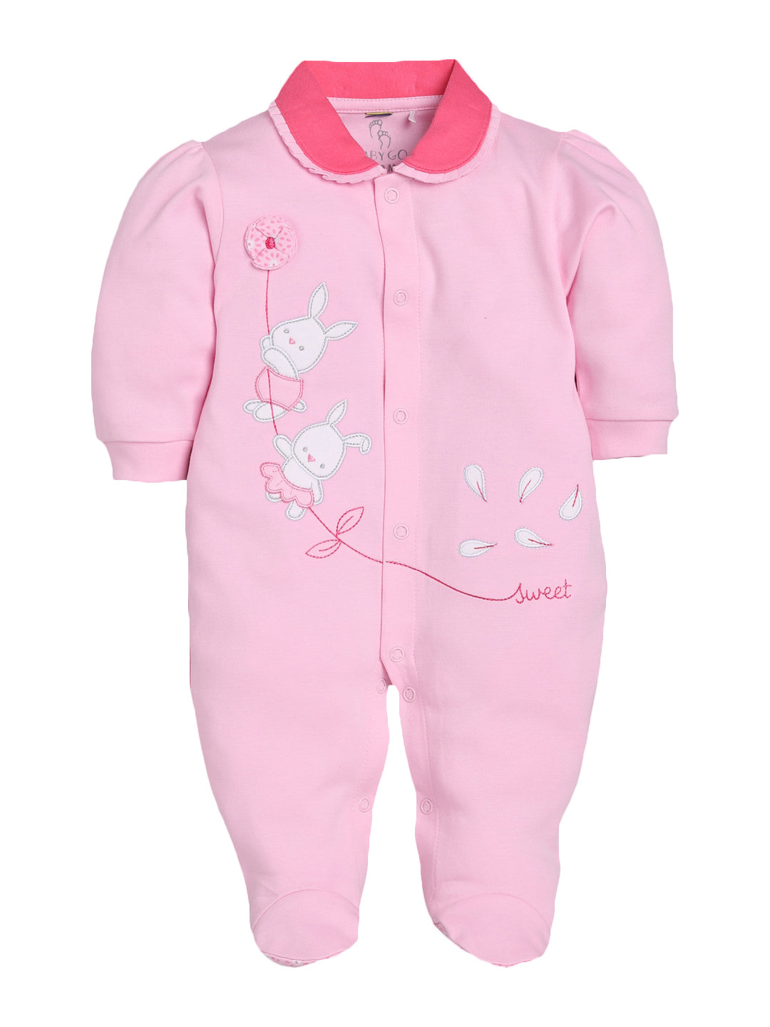 BABY GO 100% Pure Cotton Full Sleeves Rompers/Bodysuit/Sleepsuit for Baby Girl-PINK