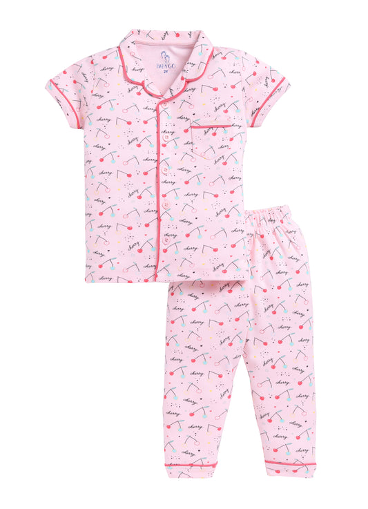 Cherry Prined & Comfy Half Sleeve Girl Night Suit-PINK