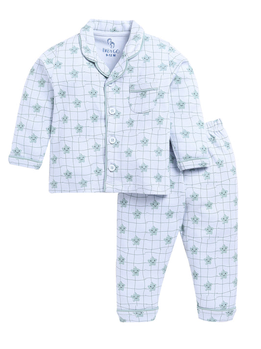 Cute Star Fish Printed Baby Boy Full Sleeve Night Suit-WHITE