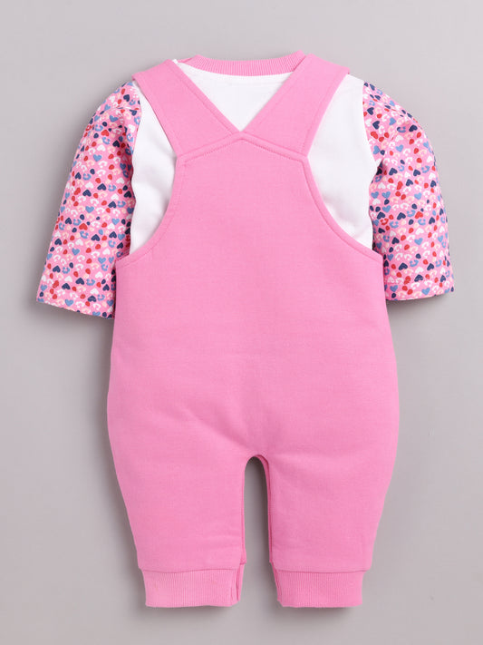 Full Sleeve Casual Cotton Dungaree Dress for Baby Girls PINK