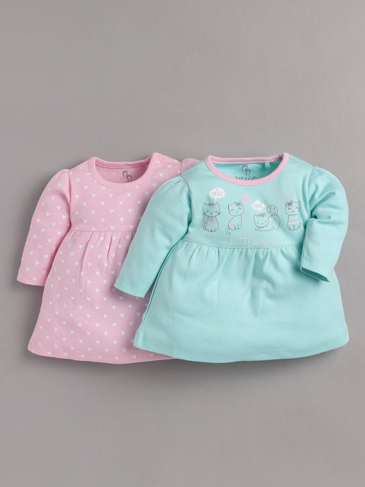Mid/knee length baby girl kitten frock for casual wear-PINK