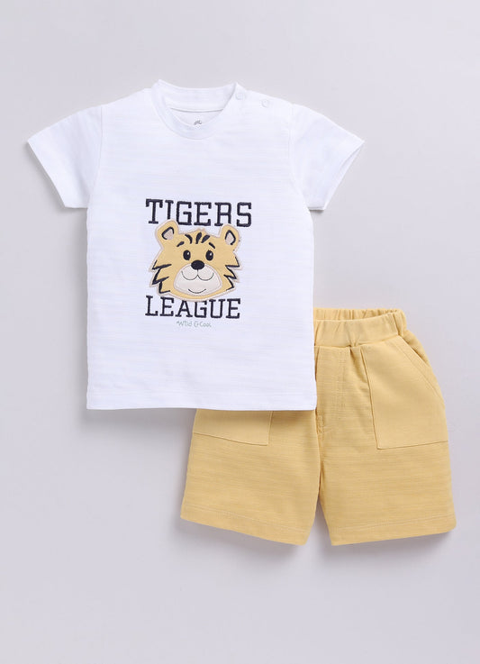 Cute Tiger Designed Baby Boy Half T Shirt & Short Set-LIME YELLOW