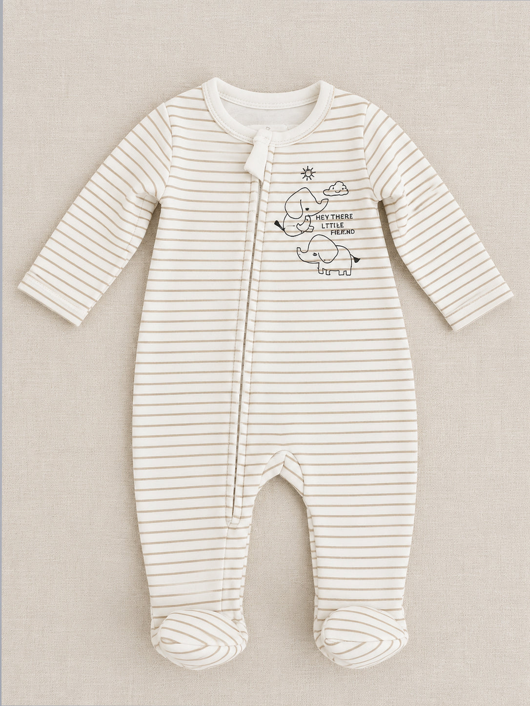 Little Friend Elephant Striped Zippered Full Sleeve Romper for Boys - Beige & White