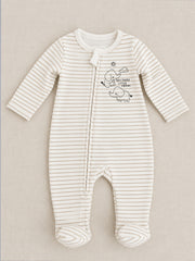 Little Friend Elephant Striped Zippered Full Sleeve Romper for Boys - Beige & White
