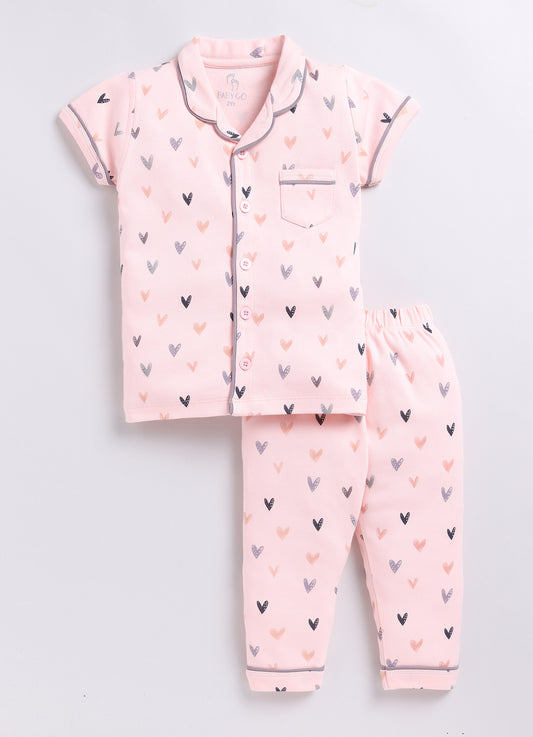 Heart Printed Half Sleeves Baby Girl Night Suit-BEIGE