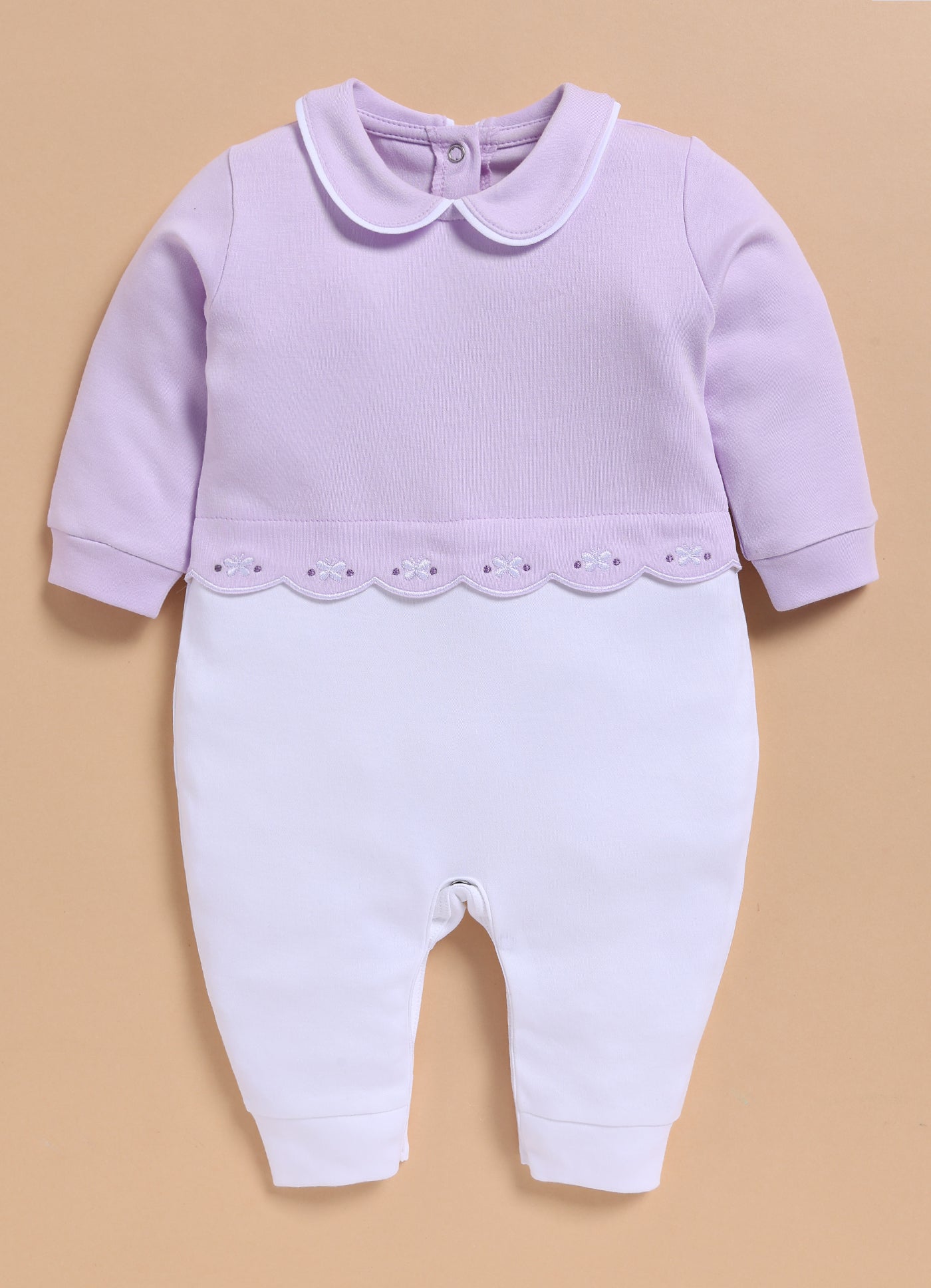 Full Sleeve Romper for Girls - Light Purple Lilac Embroidered Scallop