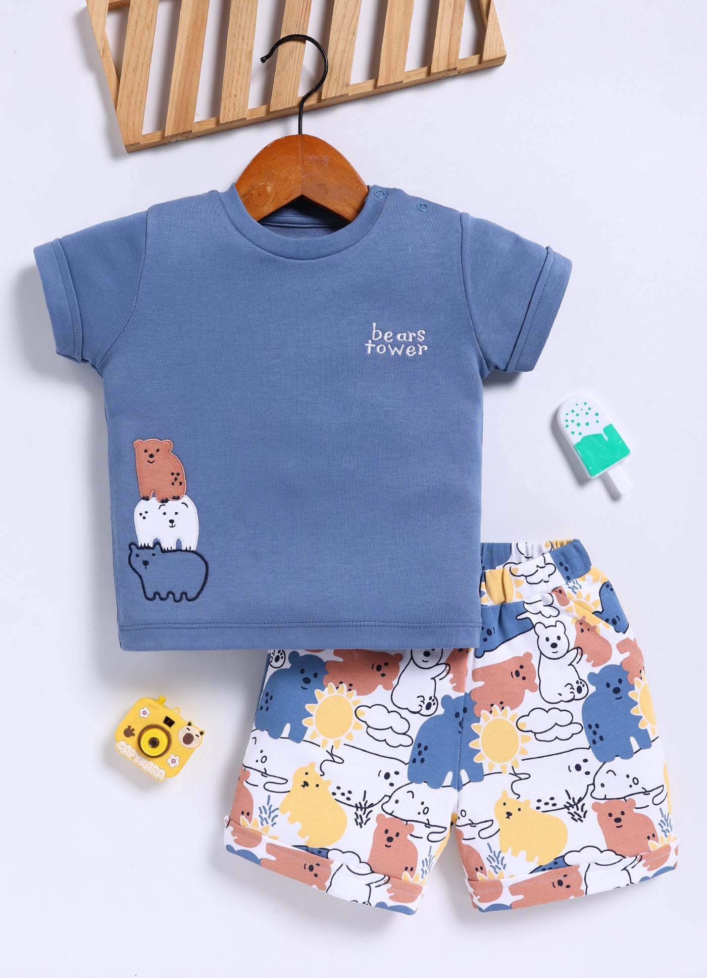 Half-Sleeve Top & Bottom For Boys - Navy Blue Bears Tower