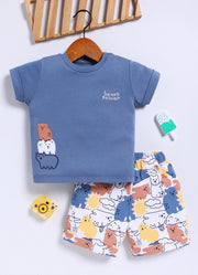 Half-Sleeve Top & Bottom For Boys - Navy Blue Bears Tower