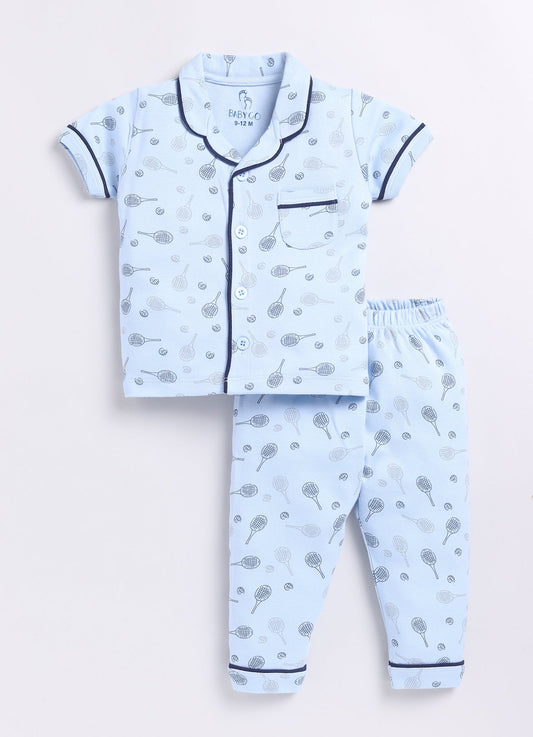 Playful Printed Half Sleeves Baby Boy Night Suit-BLUE