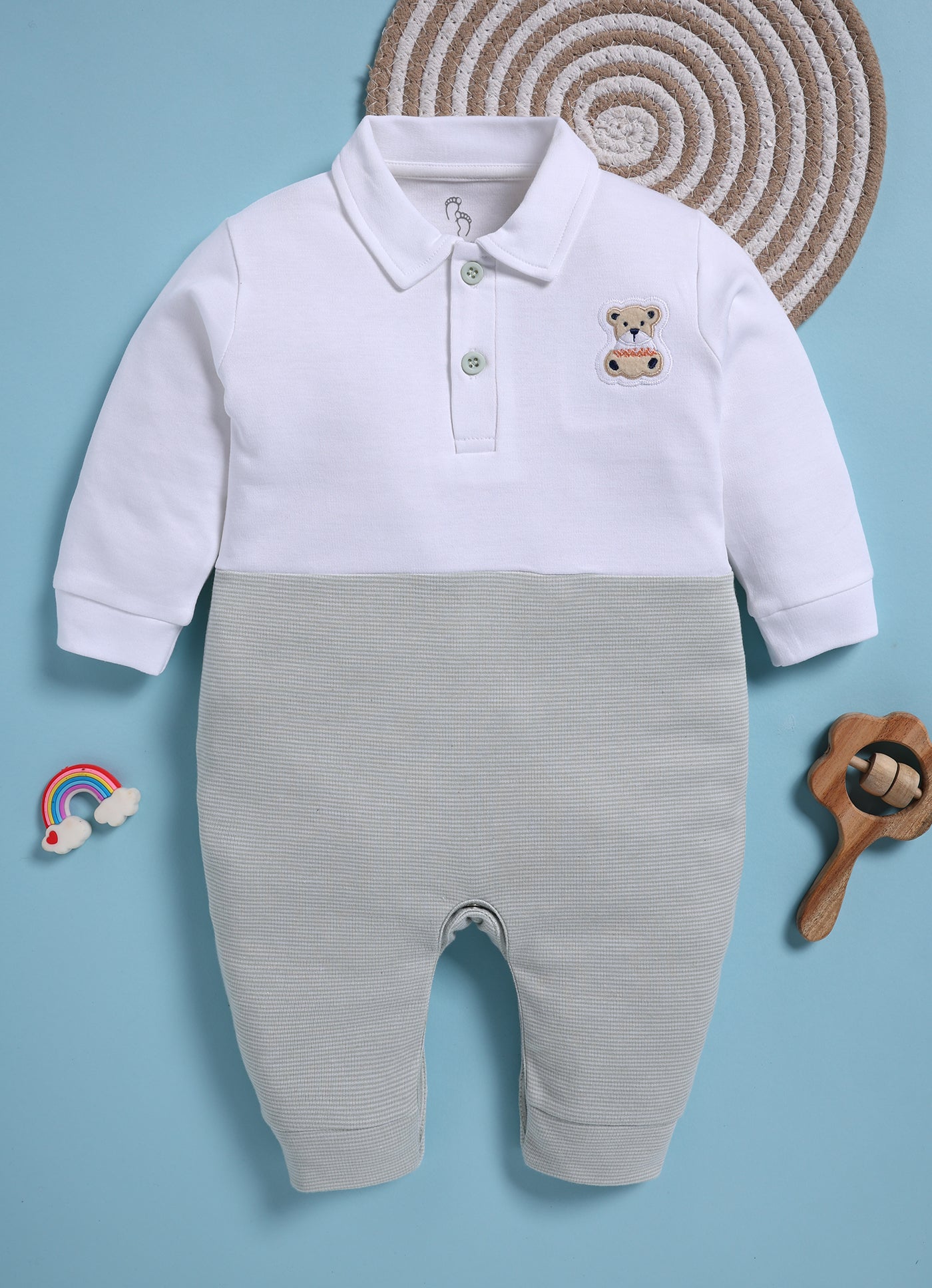Full Sleeve Romper for Boys – Light Green Teddy Classic