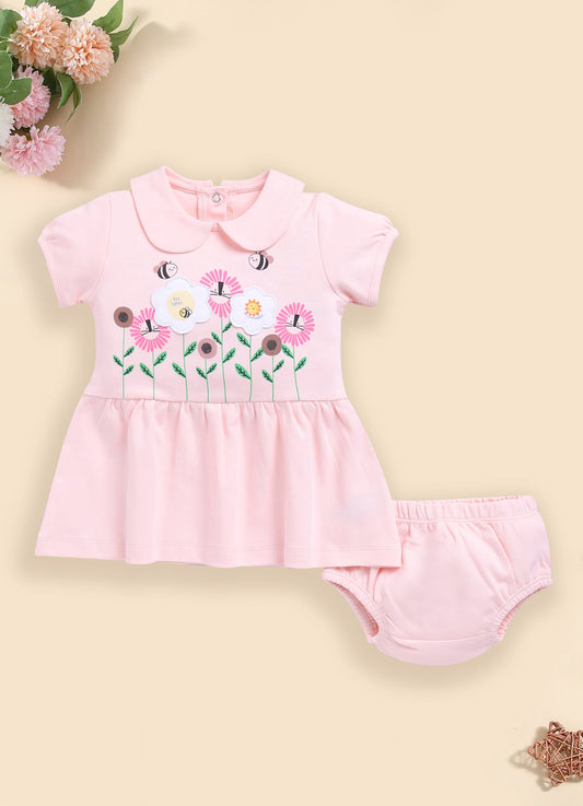 Baby Girl Peter Pan Collar Dress with Flowers & Bees-PINK