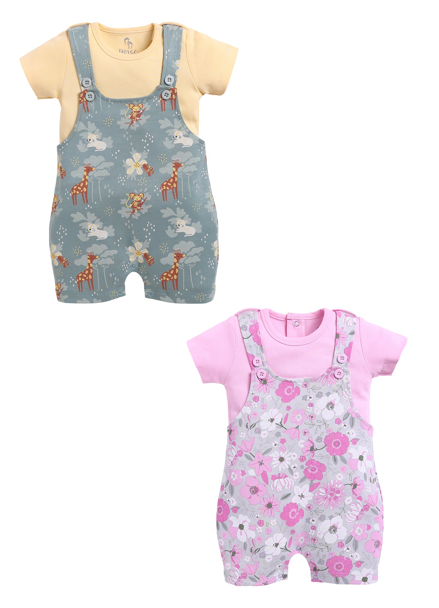 Half Sleeve Dungaree for Girls - Pink & Olive