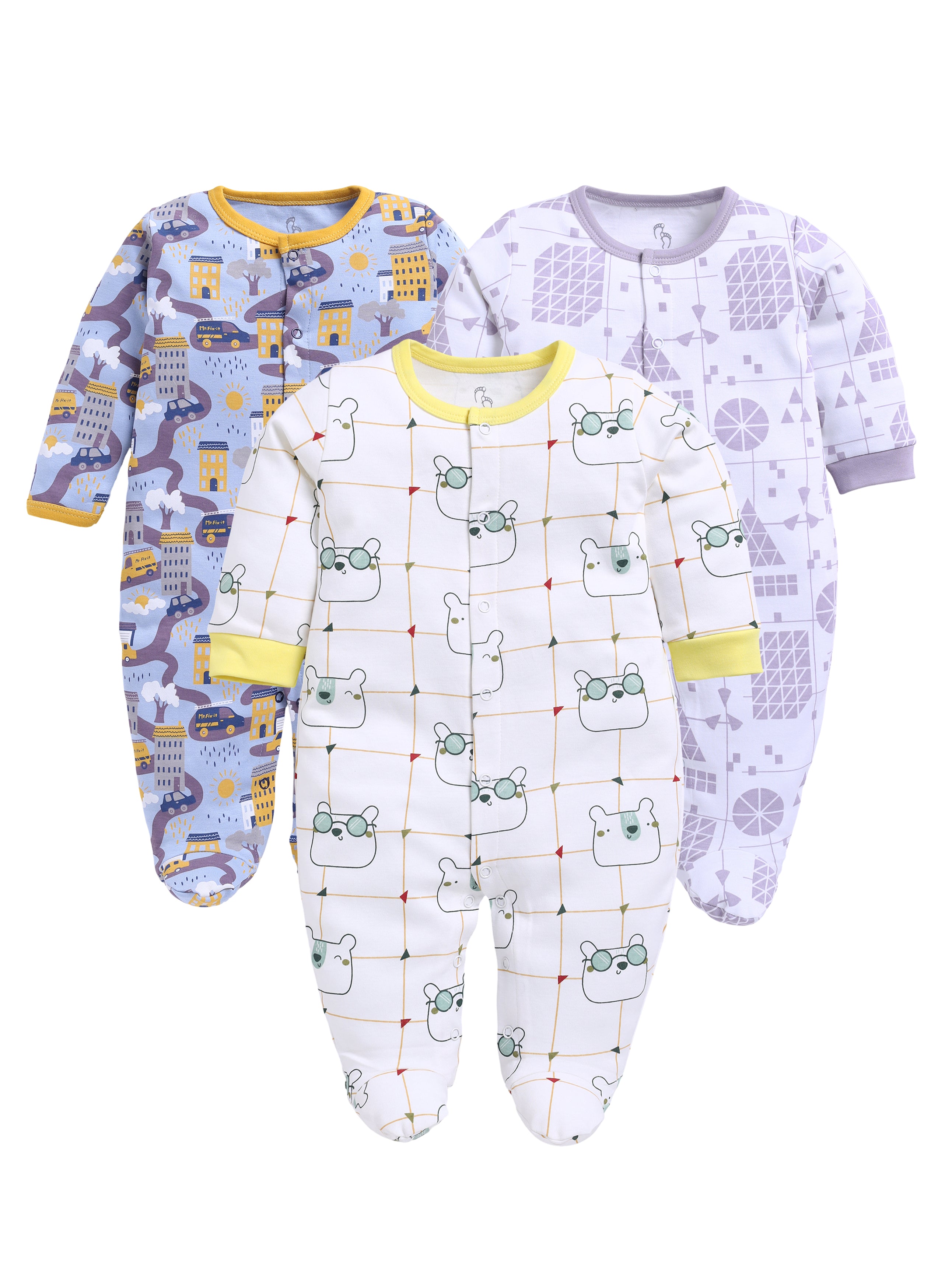 Full Sleeve Romper for Boys - Yellow & Off-White & Green