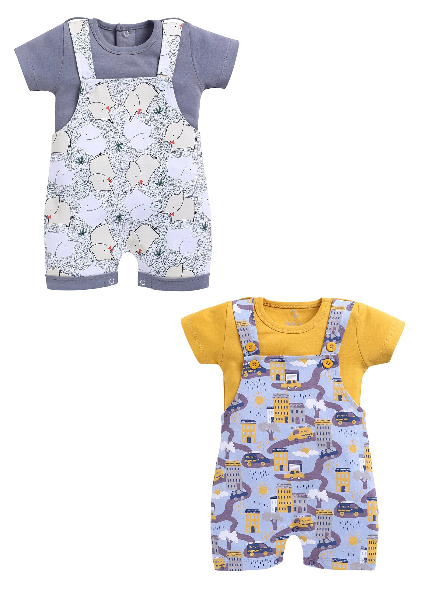 Half Sleeve Dungaree for Boys - Light Green & Yellow