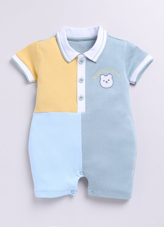 Color Block Baby Boy Romper with Bear Embroidered-Yellow