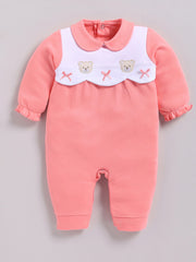 Full Sleeve Romper for Girls – Coral Pink Teddy Bear & Bow Embroidered