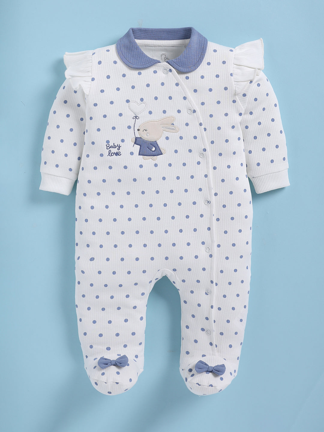 Full Sleeve Romper for Girls – White Bunny Embroidered Polka Dot
