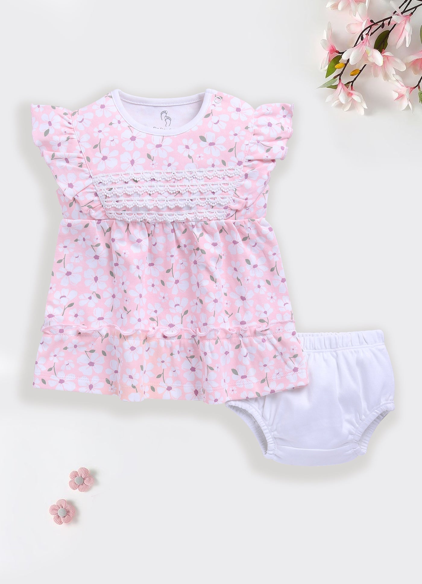 Baby Girl Floral Print Ruffle Sleeve Dress & Panty Set-PINK