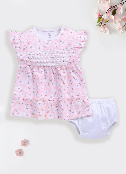 Baby Girl Floral Print Ruffle Sleeve Dress & Panty Set-PINK