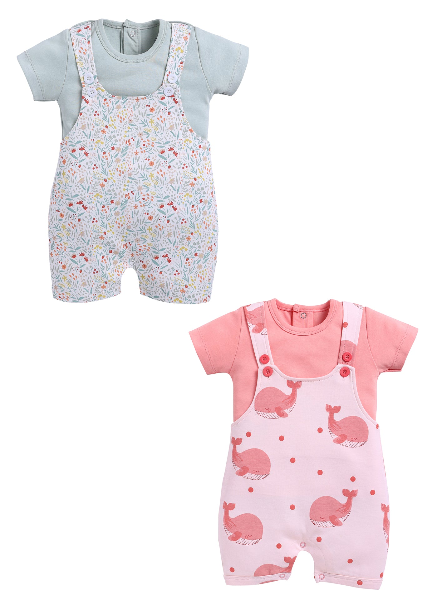 Half Sleeve Dungaree for Girls - Mint & Salmon