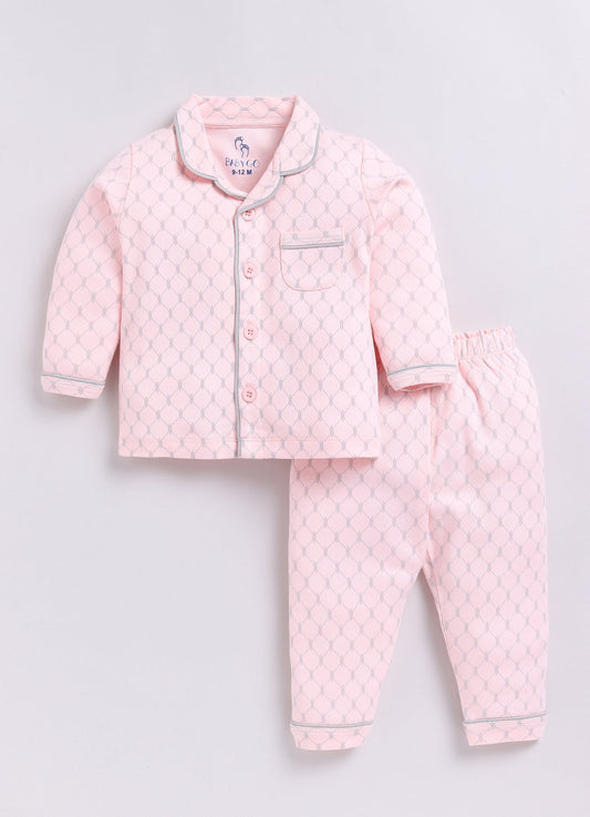 Baby Girl Printed Full Sleeve Night Suit-PEACH