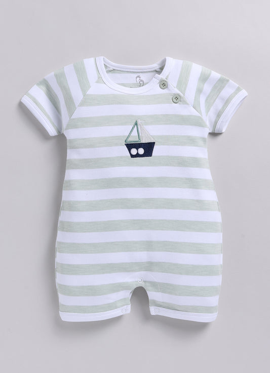 Baby Boy Ship embroidered half sleeves Romper-Green