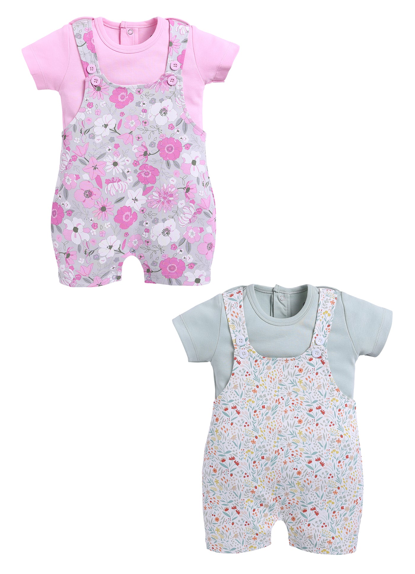 Half Sleeve Dungaree for Girls - Mint & Pink