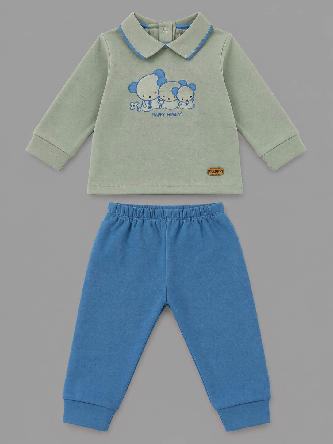 Happy Family Bear Embroidered Collared Full Sleeve Top and Bottom for Boys - Sage & Blue