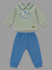 Happy Family Bear Embroidered Collared Full Sleeve Top and Bottom for Boys - Sage & Blue