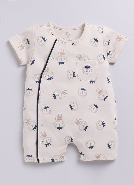 Hedgehog Happiness Baby Boy Summer Romper, Soft Cotton & Cute Print-BEIGE