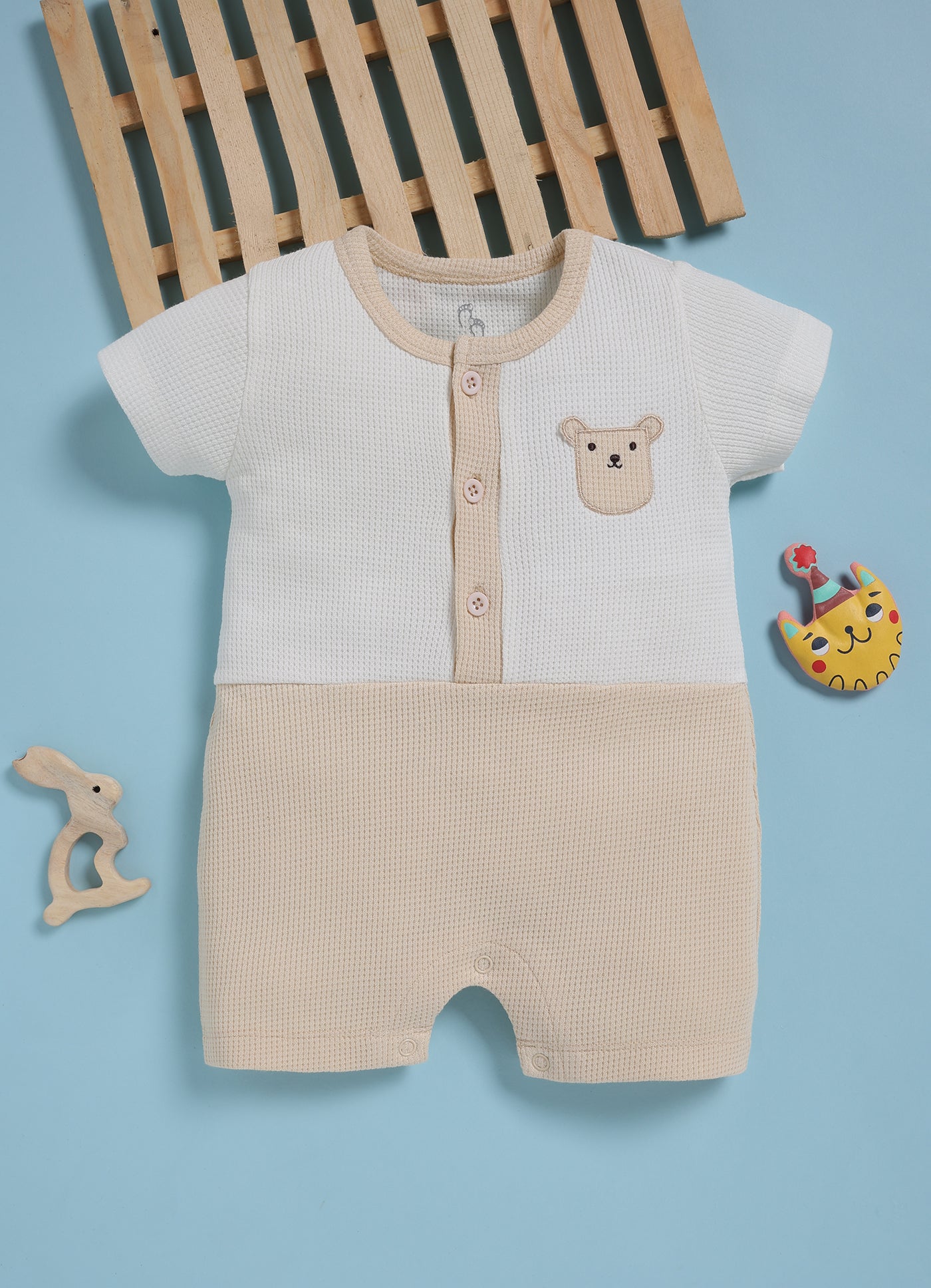 Half-Sleeve Romper for Boys – Cream Cozy Bear