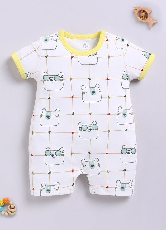Baby Boy Half Sleeves Romper – Playful Bear Faces & Grid Print with Sunny Yellow Trim
