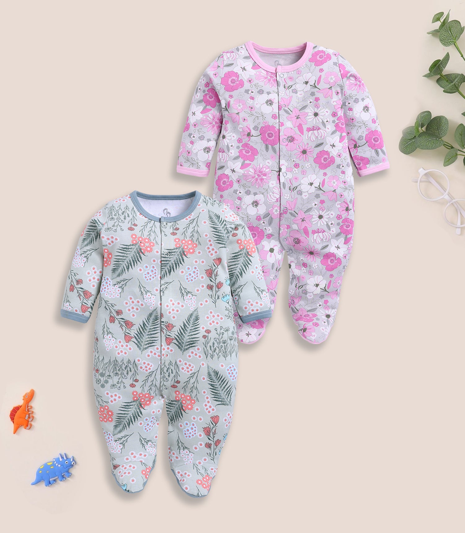 Full Sleeve Romper for Girls - Pink & Sage