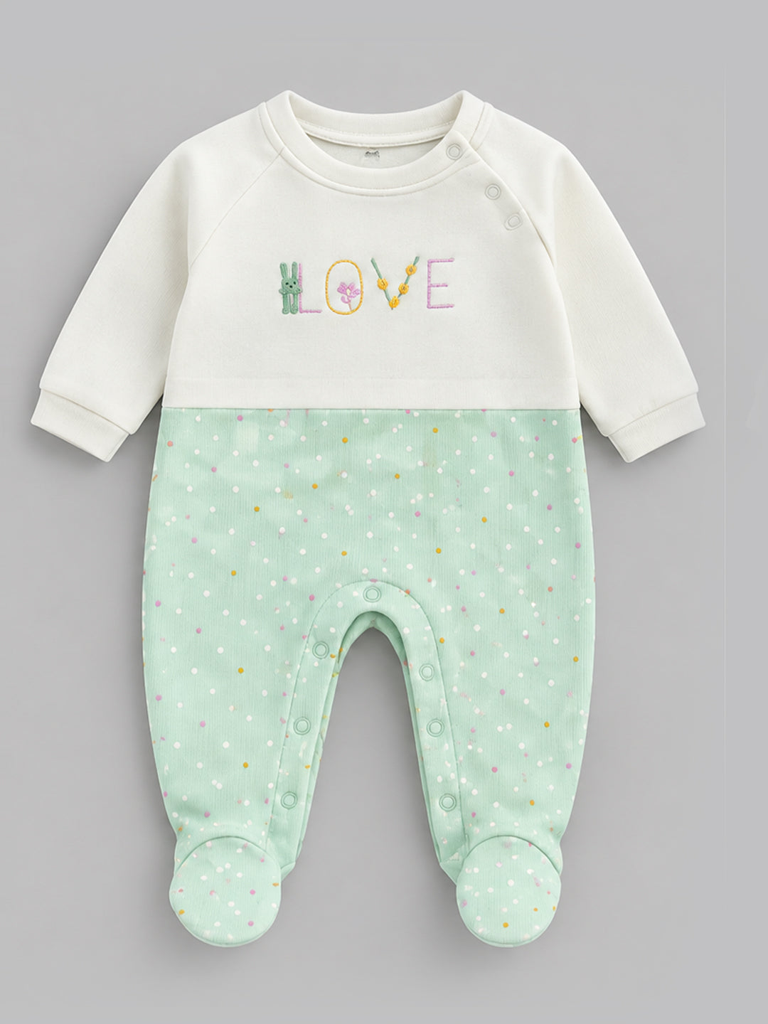 Love Floral Embroidered Polka Dot Footed Full Sleeve Romper for Girls - Mint Green