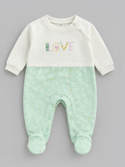 Love Floral Embroidered Polka Dot Footed Full Sleeve Romper for Girls - Mint Green