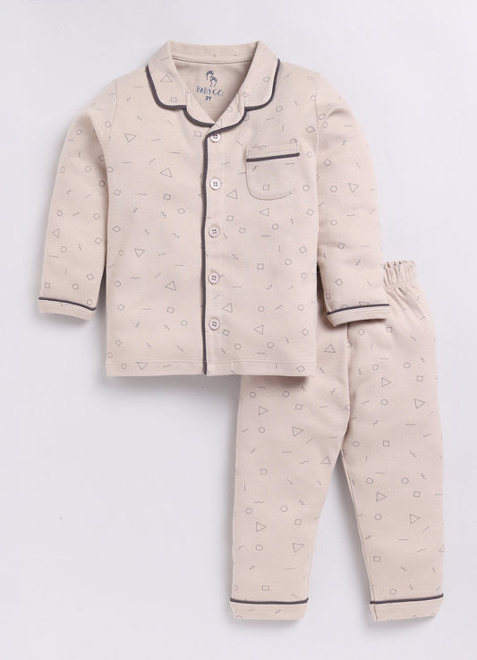 Baby Boy Printed Full Sleeve Night Suit-BEIGE