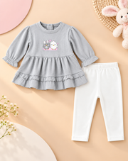 Charming Chicks Tiered Ruffled Ribbed Full Sleeve Top and Bottom for Girls - Light Grey & White