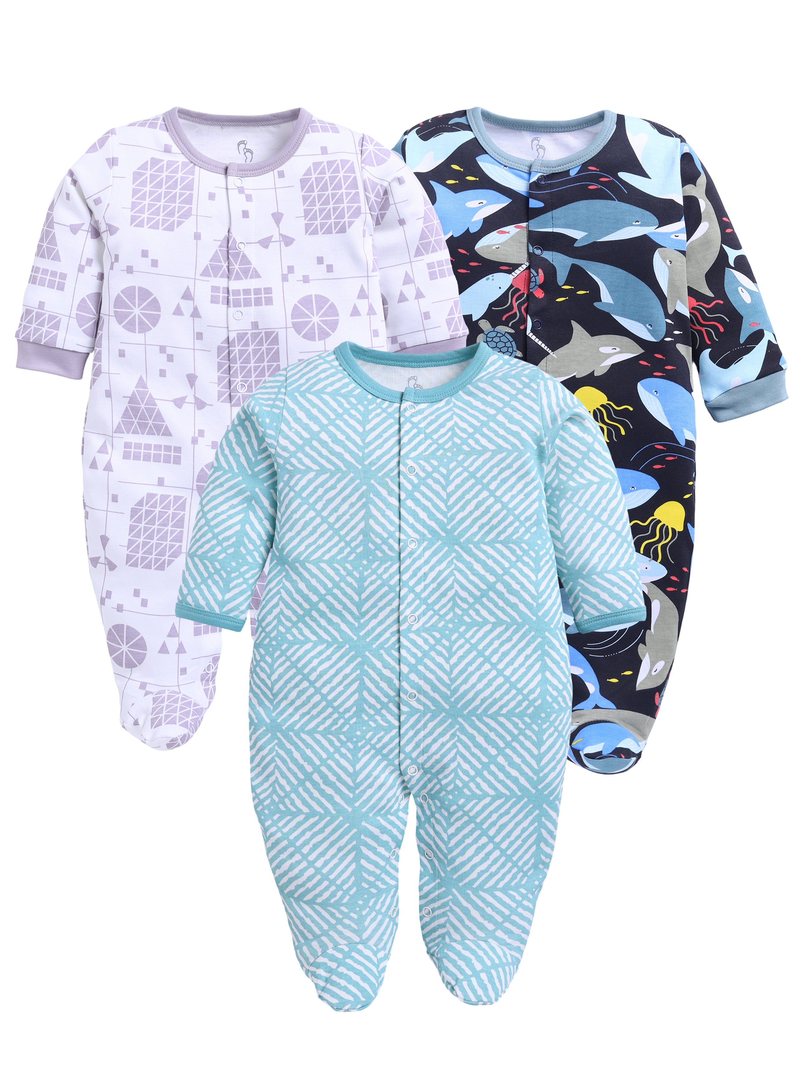 Full Sleeve Romper for Boys - Sea Green & Off-White & Green