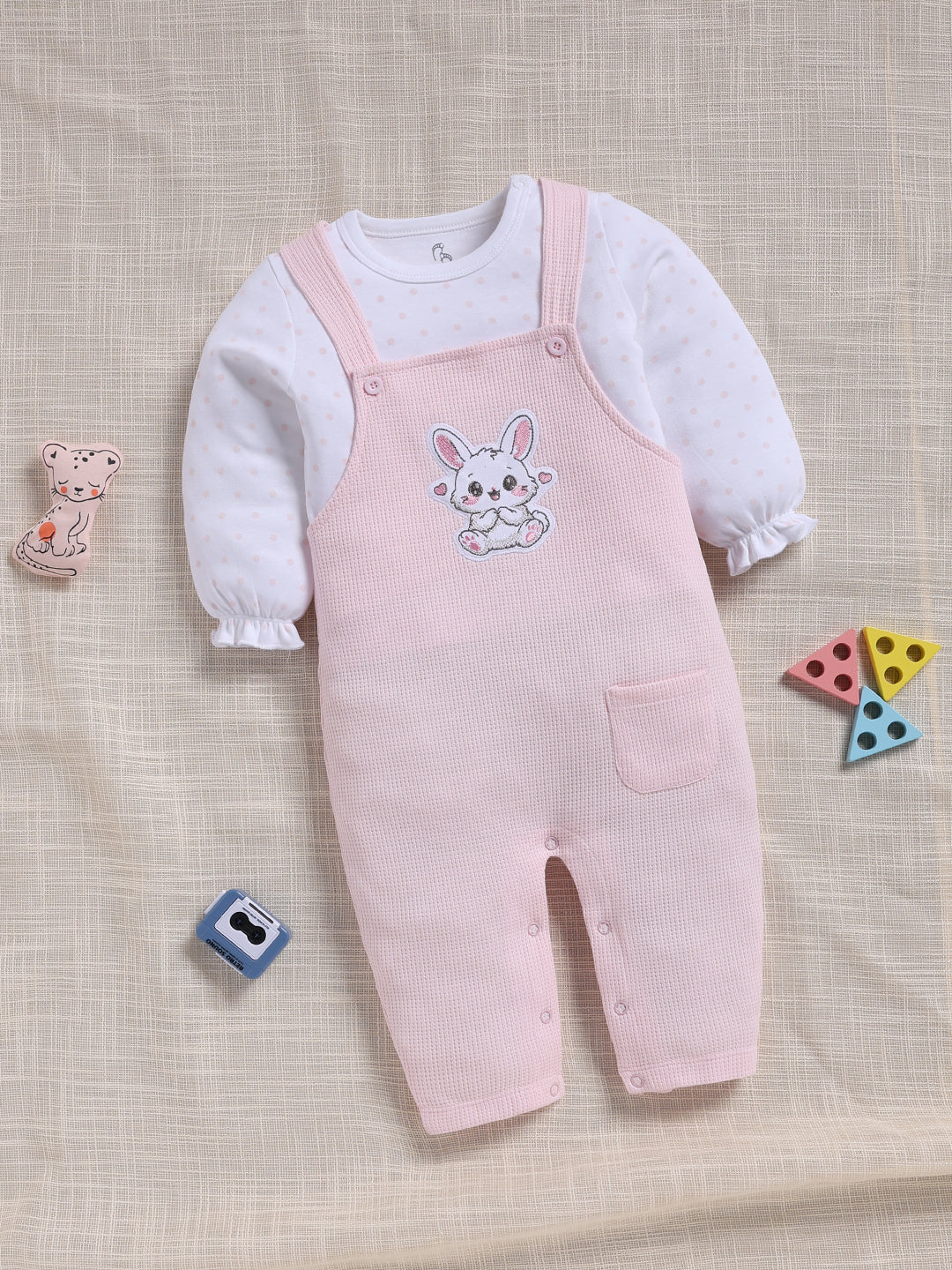 Dungaree - Baby Pink Bunny Polka Dot