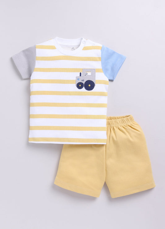 Multi Color Striped Baby Boy Half T Shirt & Short Set-Lemon