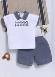 Half-Sleeve Top & Bottom For Boys - Navy Blue Waves